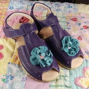Livie & Luca Purple Leather Sandals w/Teal Suede Flowers HTF 4 Youth Wavy Soles